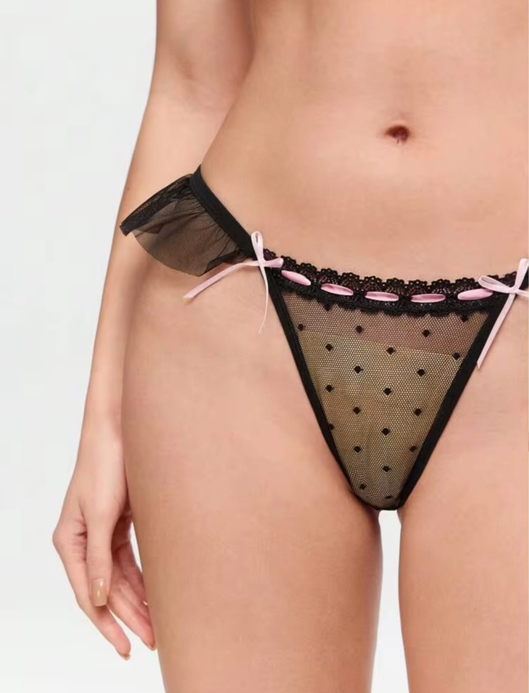 Women's Black Mesh Swiss Dot Lingerie Thong with Pink Ribbon Weave & Mesh Side Ruffles